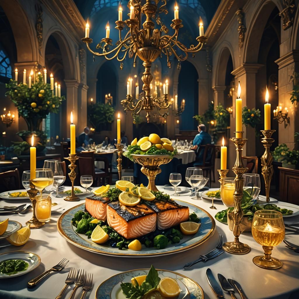 Grilled Salmon with Lemon-Herb Sauce in Fantasy Art