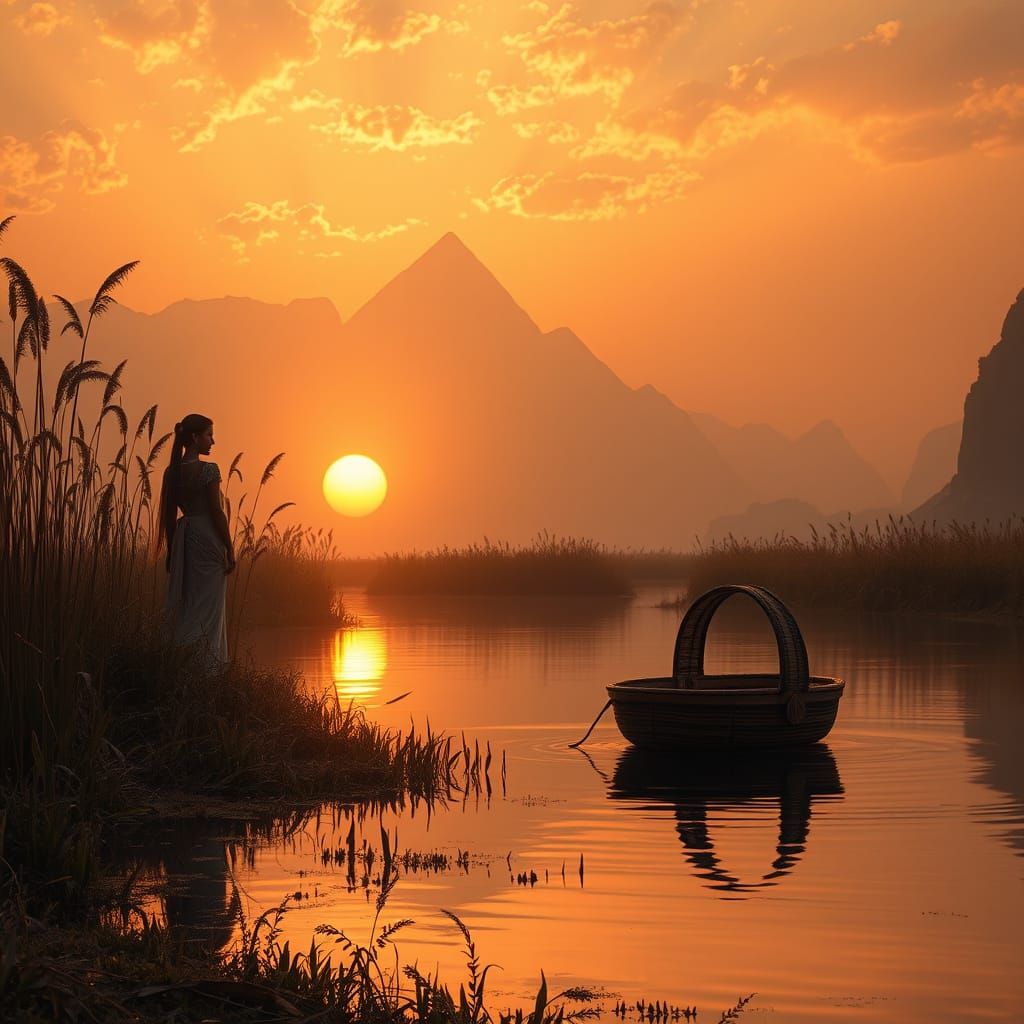 Egyptian Princess at Sunrise Riverbank with Floating Basket