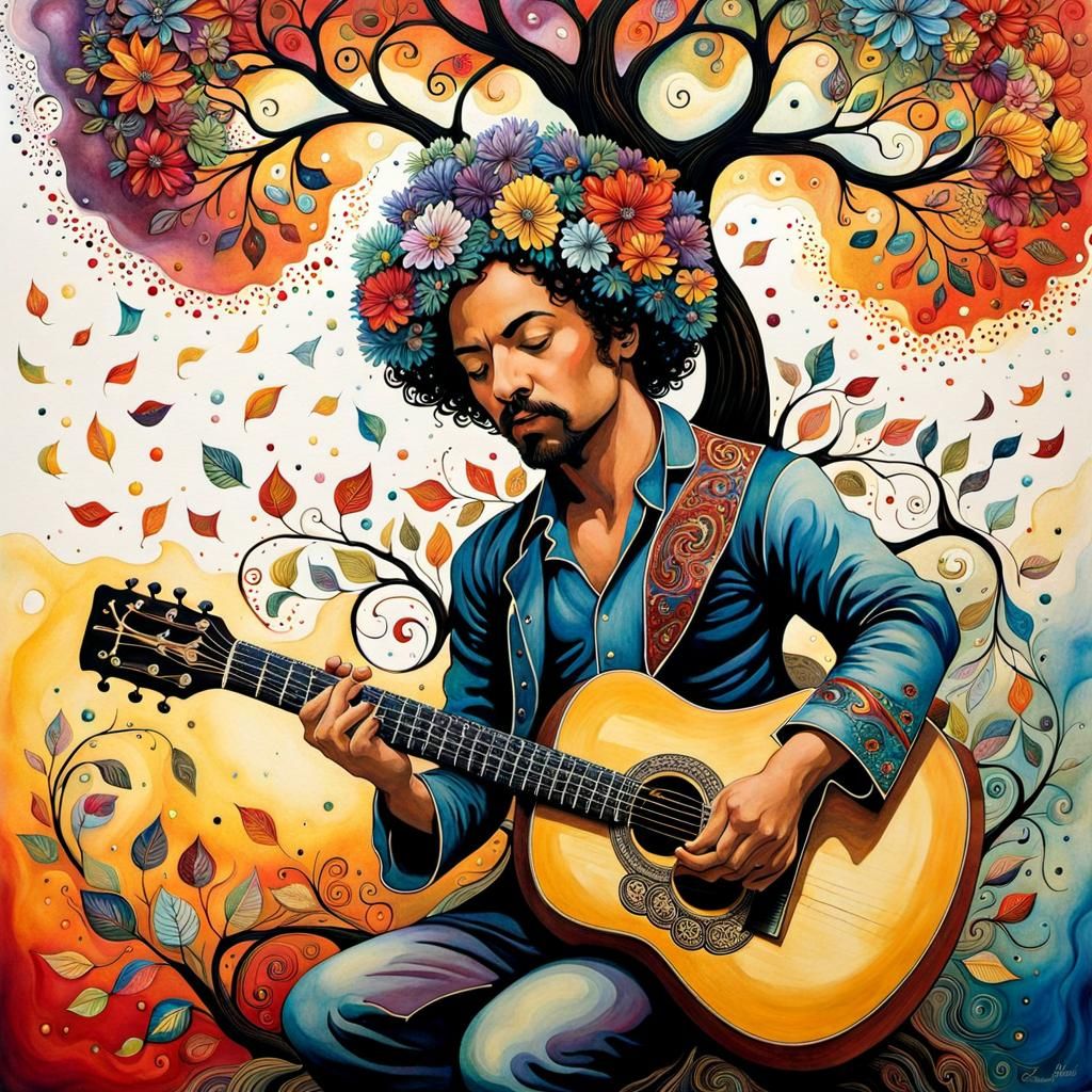 Toddler Guitarist: Nostalgic Folk Art Illustration