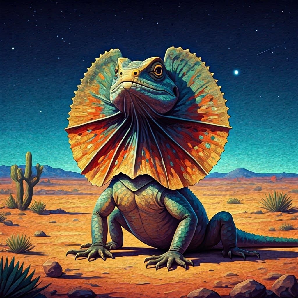 Frilled-Neck Lizard Under Starry Sky as Impasto Painting