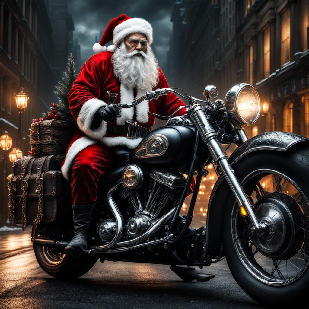 Gothic Santa Claus on Motorcycle, Hyperrealistic Image
