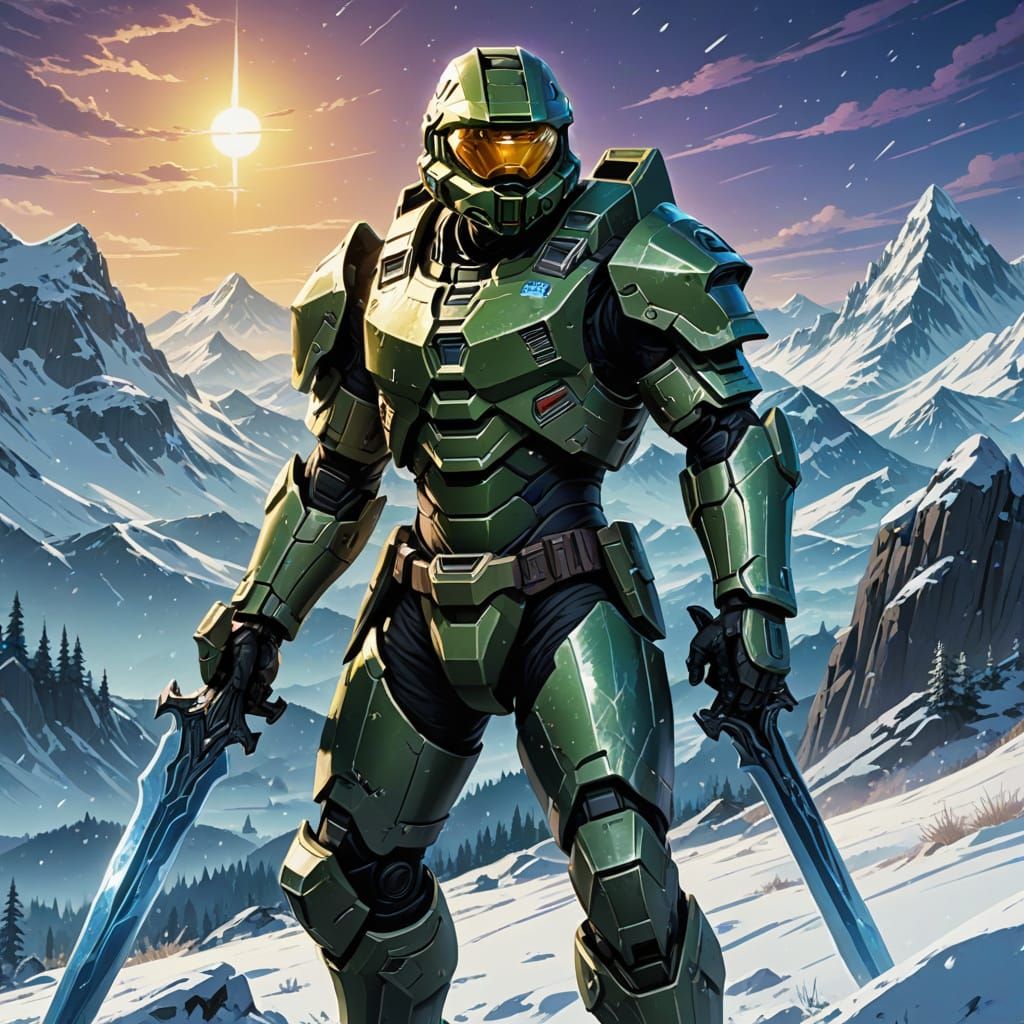 Master Chief in Vibrant Cel-Shaded Skyrim Landscape