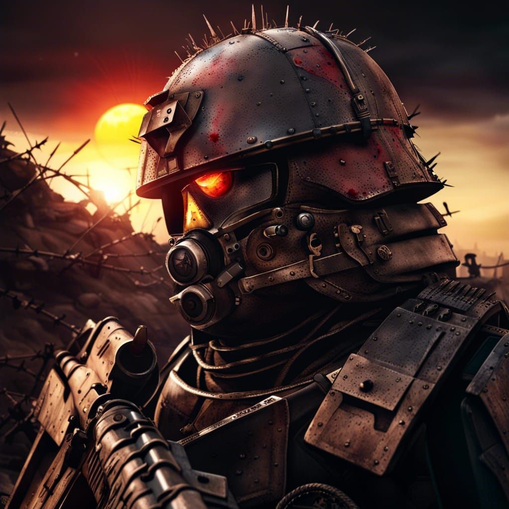 Grimdark Imperial Guard in Setting Sun, Hyperrealistic