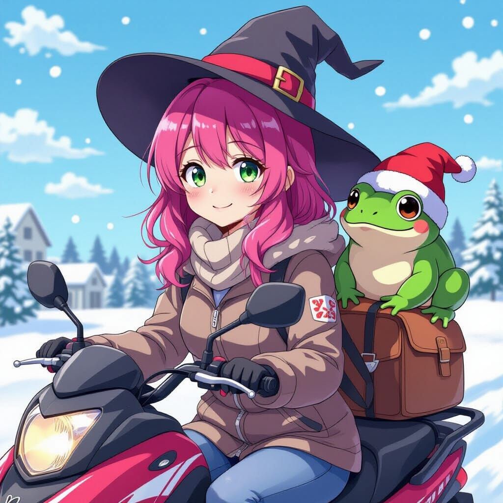 Anime Girl in Witch Hat with Frog on Snowmobile