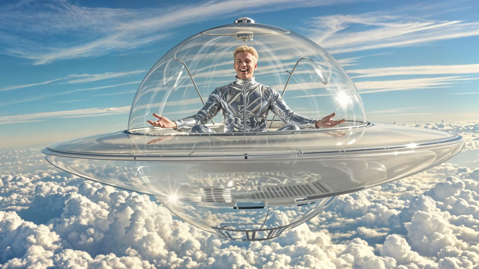 Man in Chrome Suit Meditates in Flying Saucer