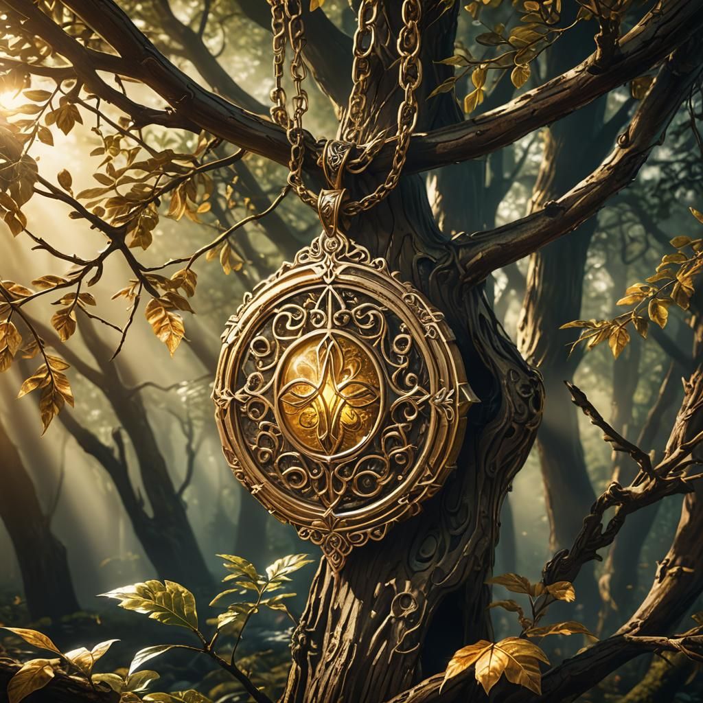 Mystical Golden Pendant in Forest Concept Art