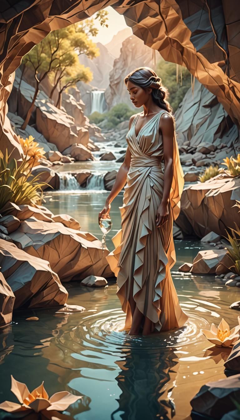 Cave Woman Gathering Water in Origami Style