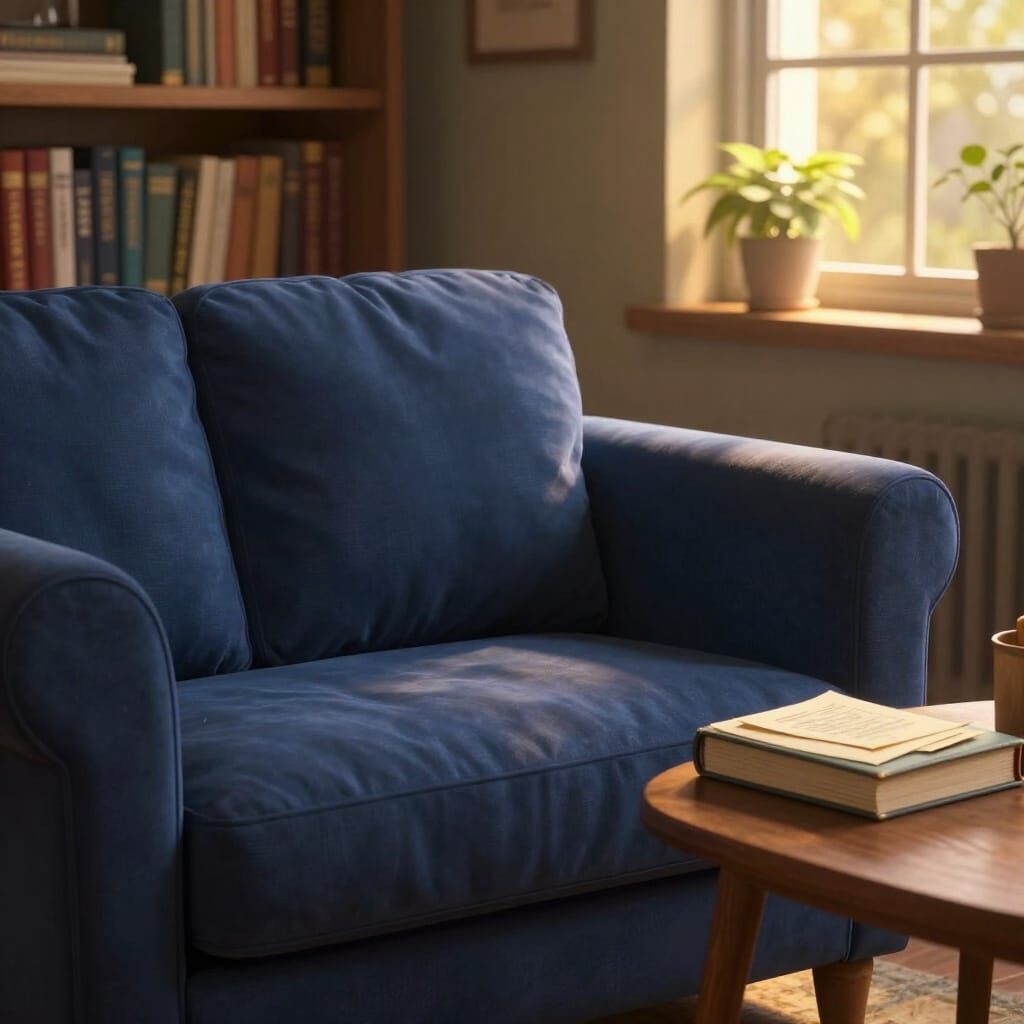 Cozy Love Seat and Bookshelves with Warm Light