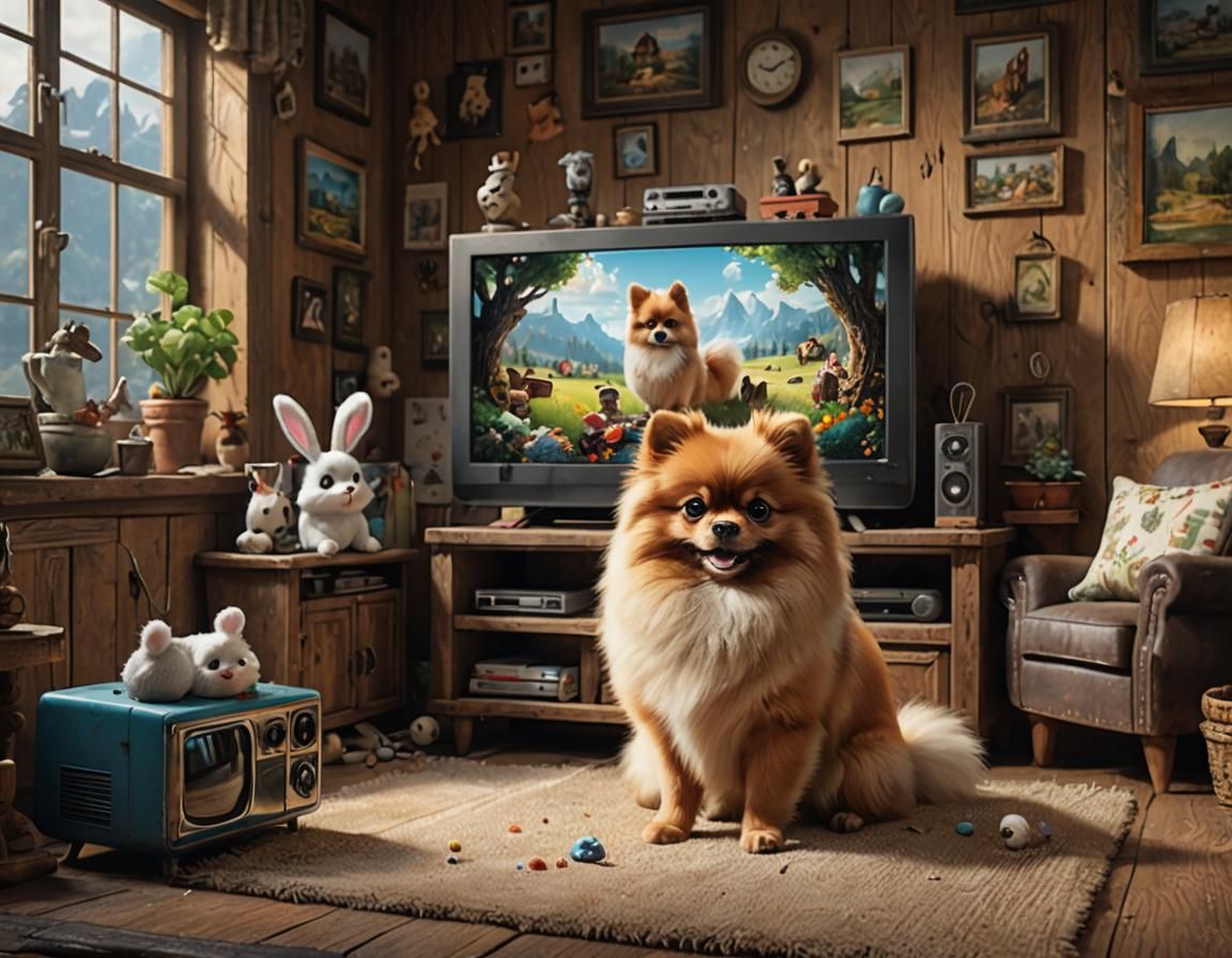 Pomeranian Watching TV in Rustic Living Room