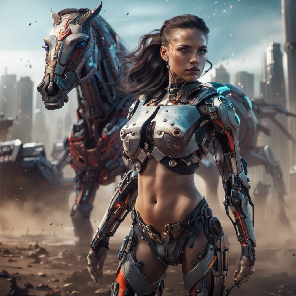 Cyborg Centaur in Futuristic Battlefield, Digital Art