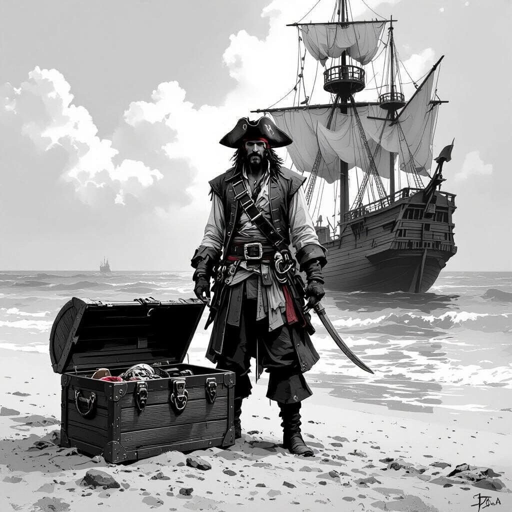 Pirate Scene on Vibrant Beach with Treasure Chest