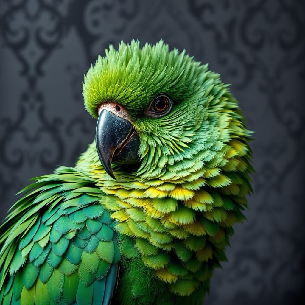 Vibrant Green Parrot Against Luxurious Gray Brocade