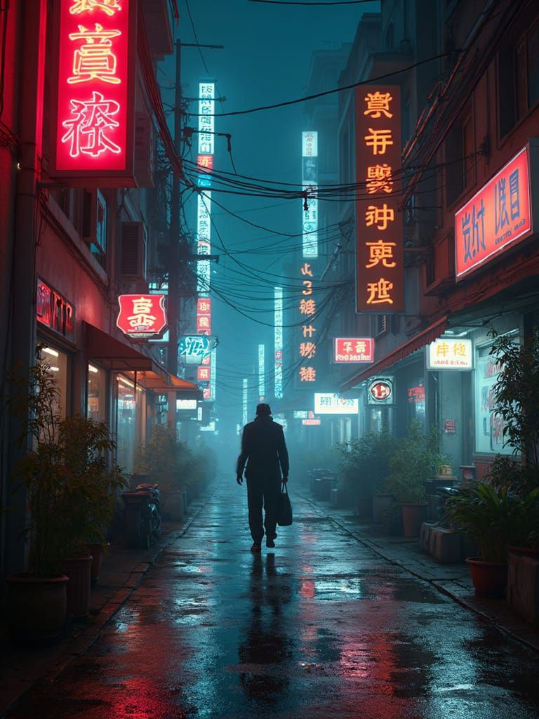 Cyberpunk Shopping Street at Night in Neon Lights