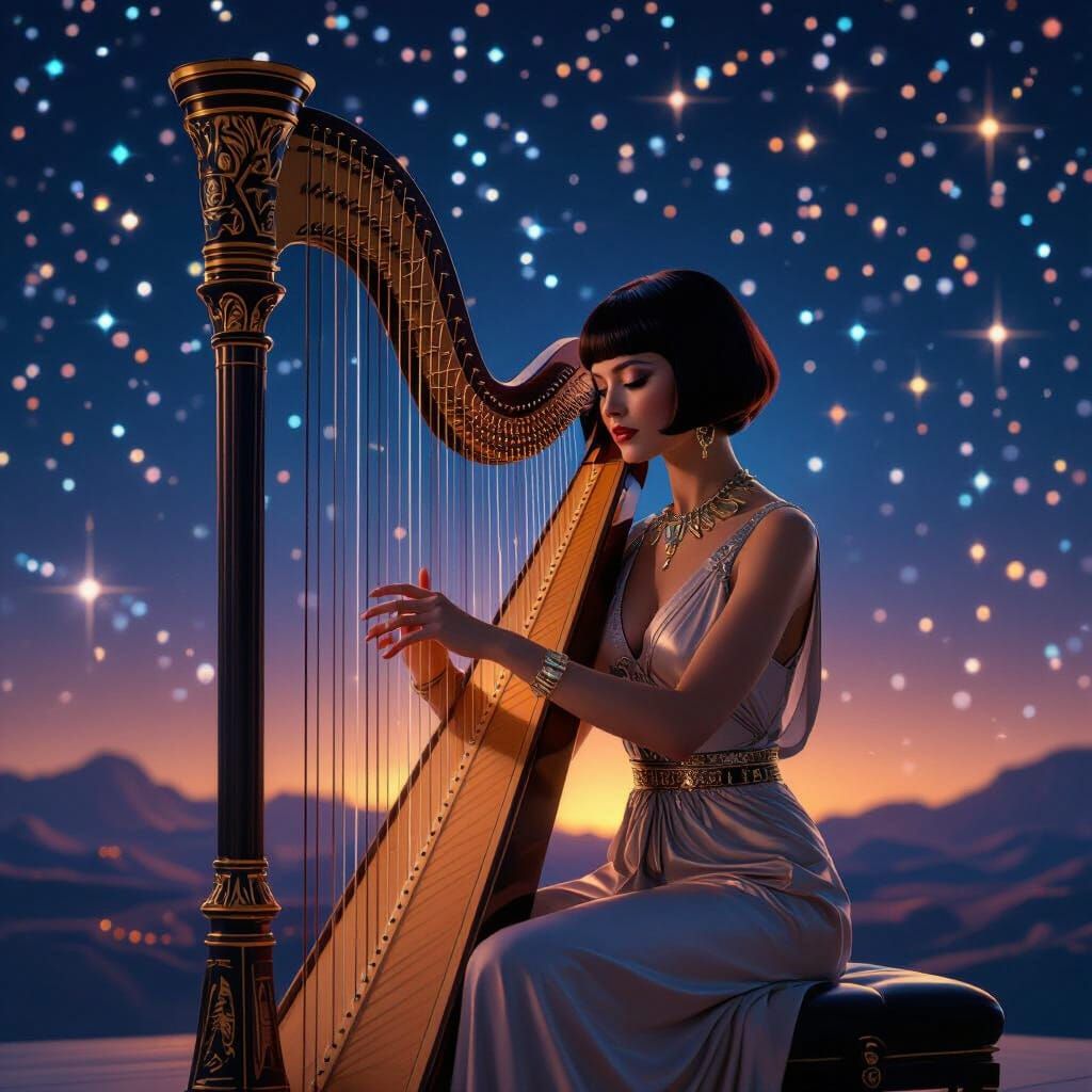 Woman Plays Harp on Cosmic Stage, Digital Art