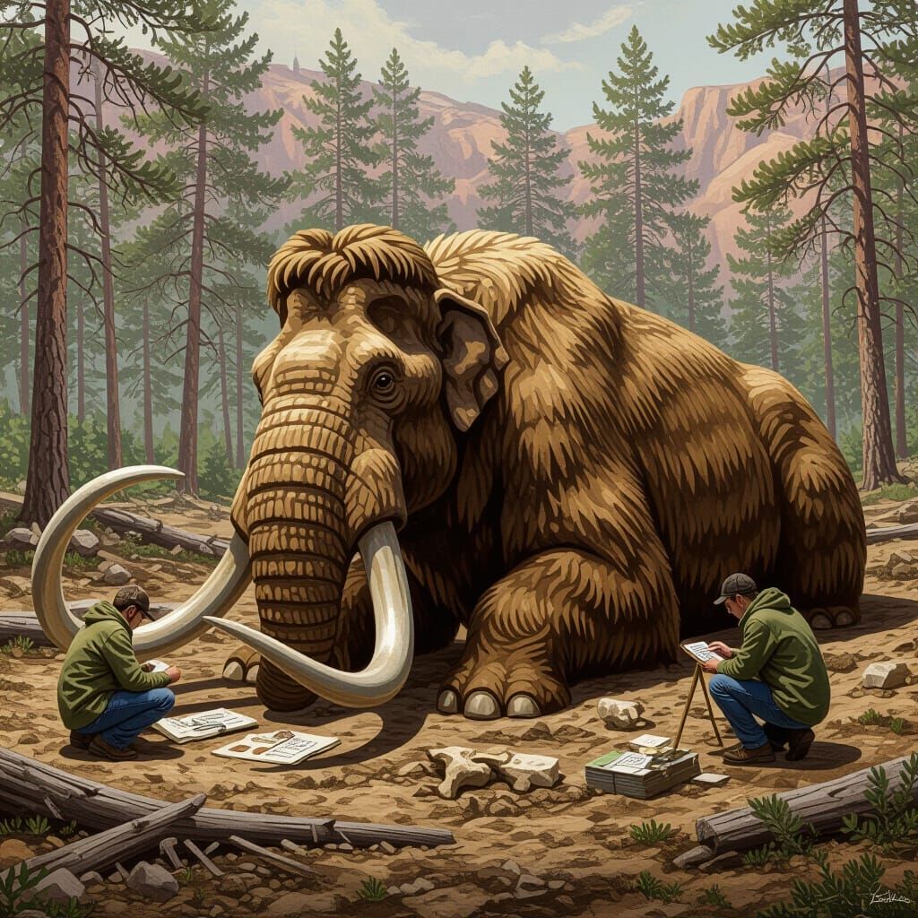 Paleontologists Studying Fossilized Mammoth in Earthy Settin...