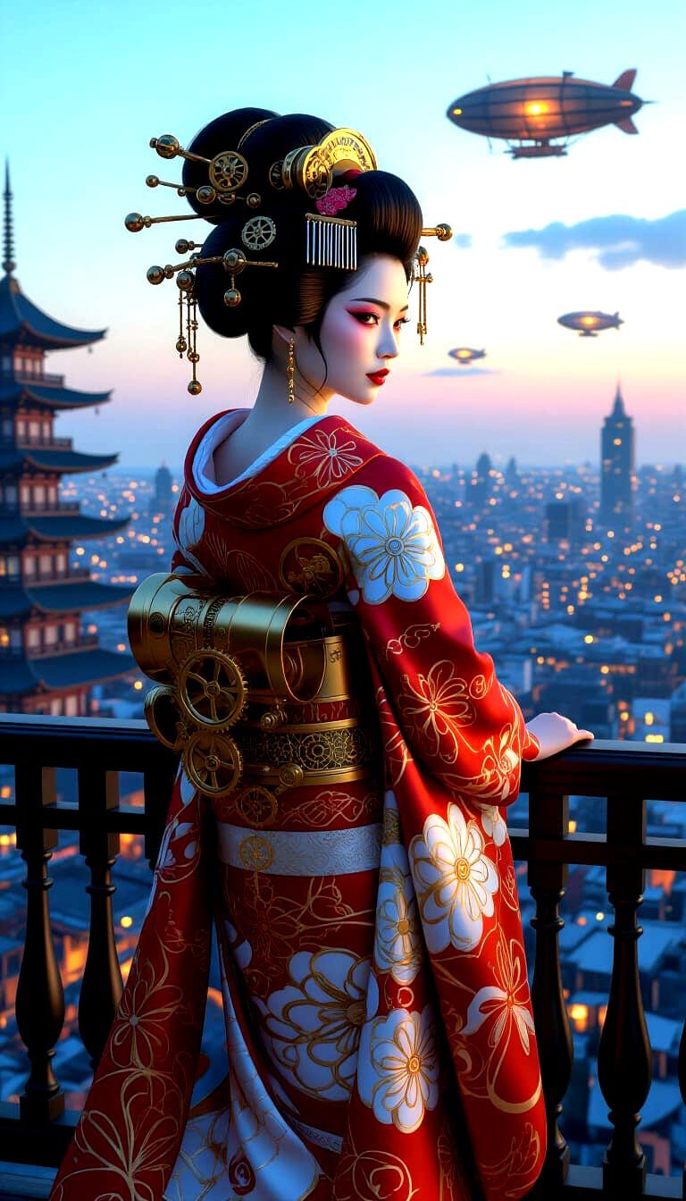 Steampunk Geisha Overlooking Victorian City at Dusk