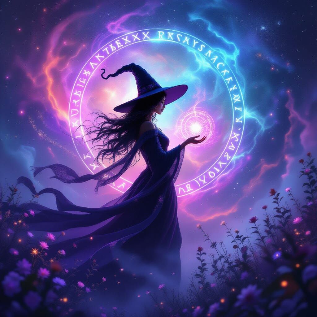 Mystical Witch Conjures Magic in Cosmic Dreamscape