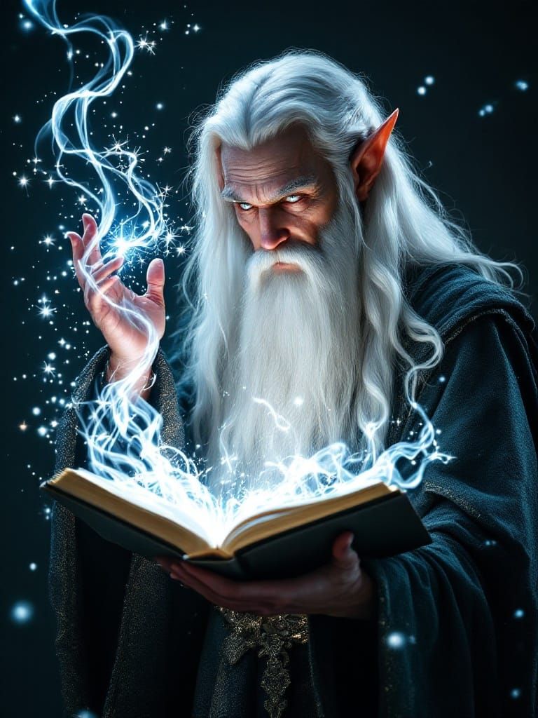 Epic Fantasy Wizard Casts Spell in Darkened Realm