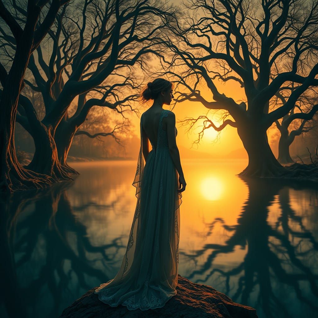 Ethereal Woman Contemplates Serene Lake in Sunset Light