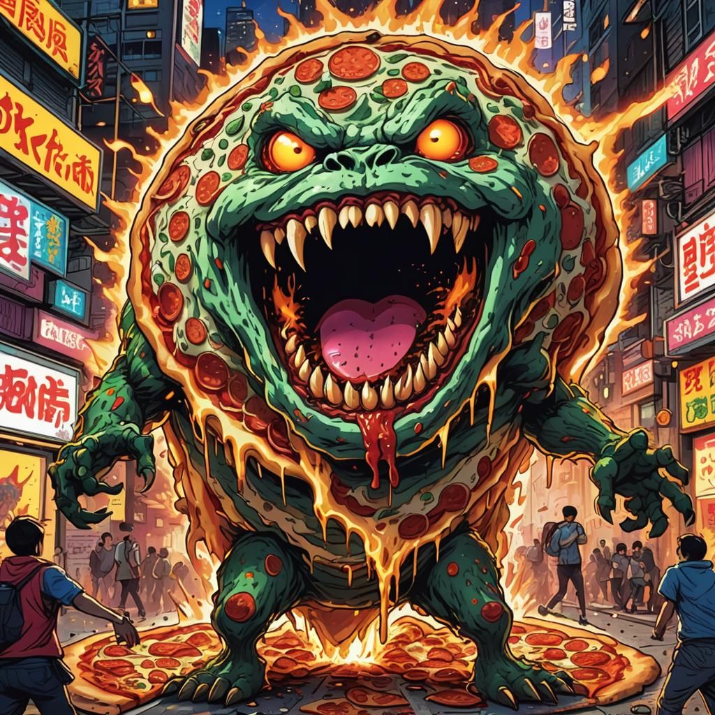 Pizza Monster Rampage in Japanese Pop Art Style