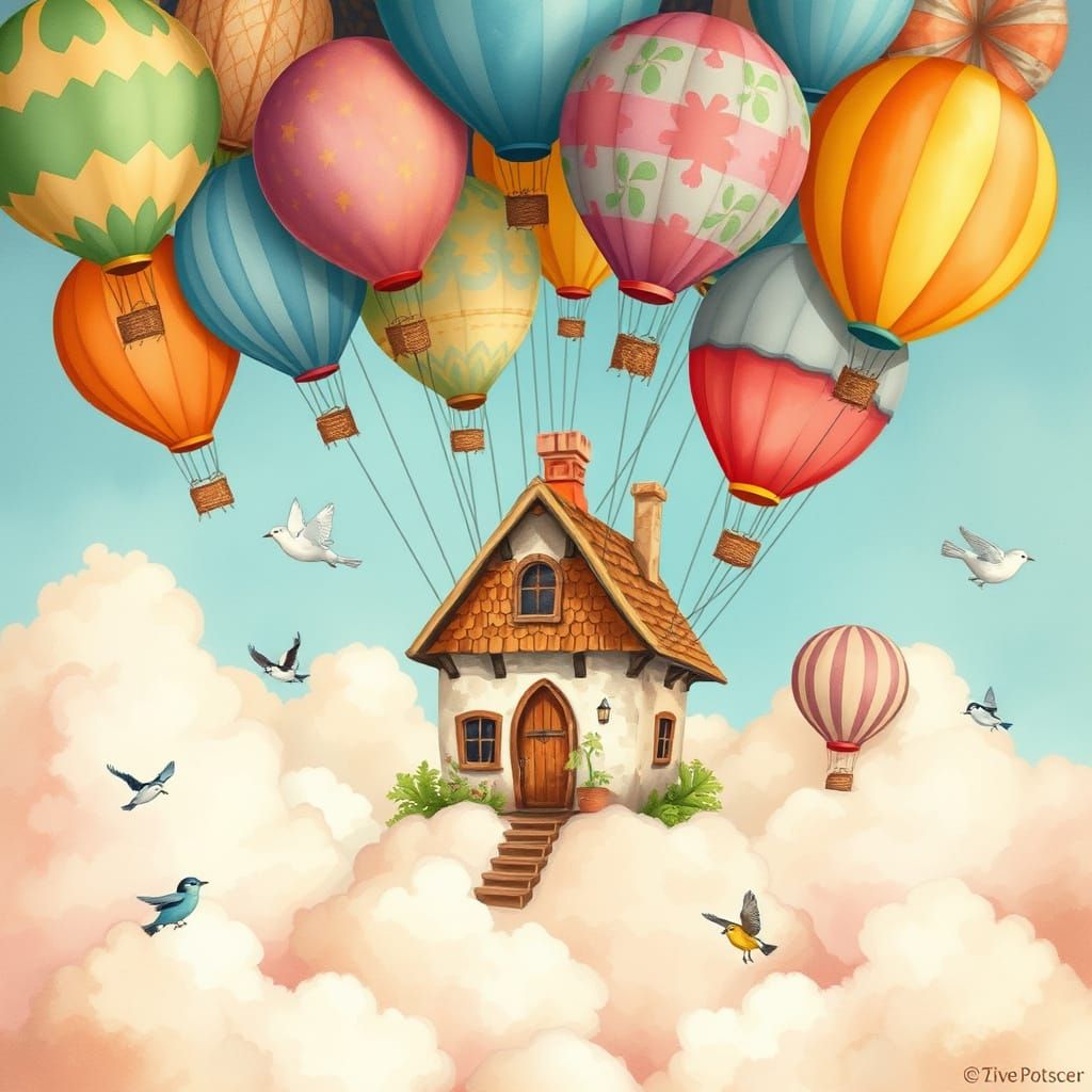 Quaint Cottage Soars Skyward with Balloons, Watercolor Art