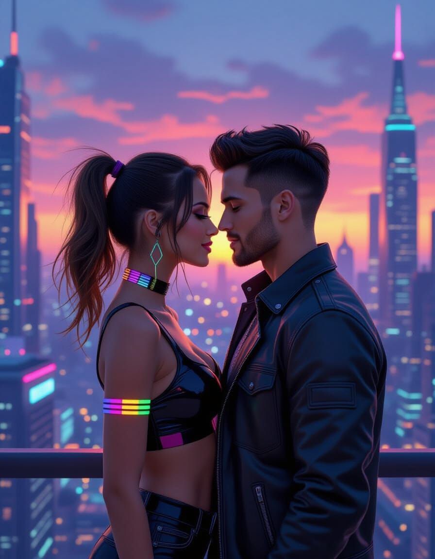Futuristic Cityscape: Woman with Ponytails Kissing Man