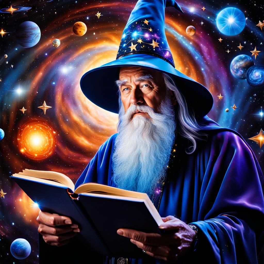 Wizard Surrounded by Galaxies in Airbrush Art