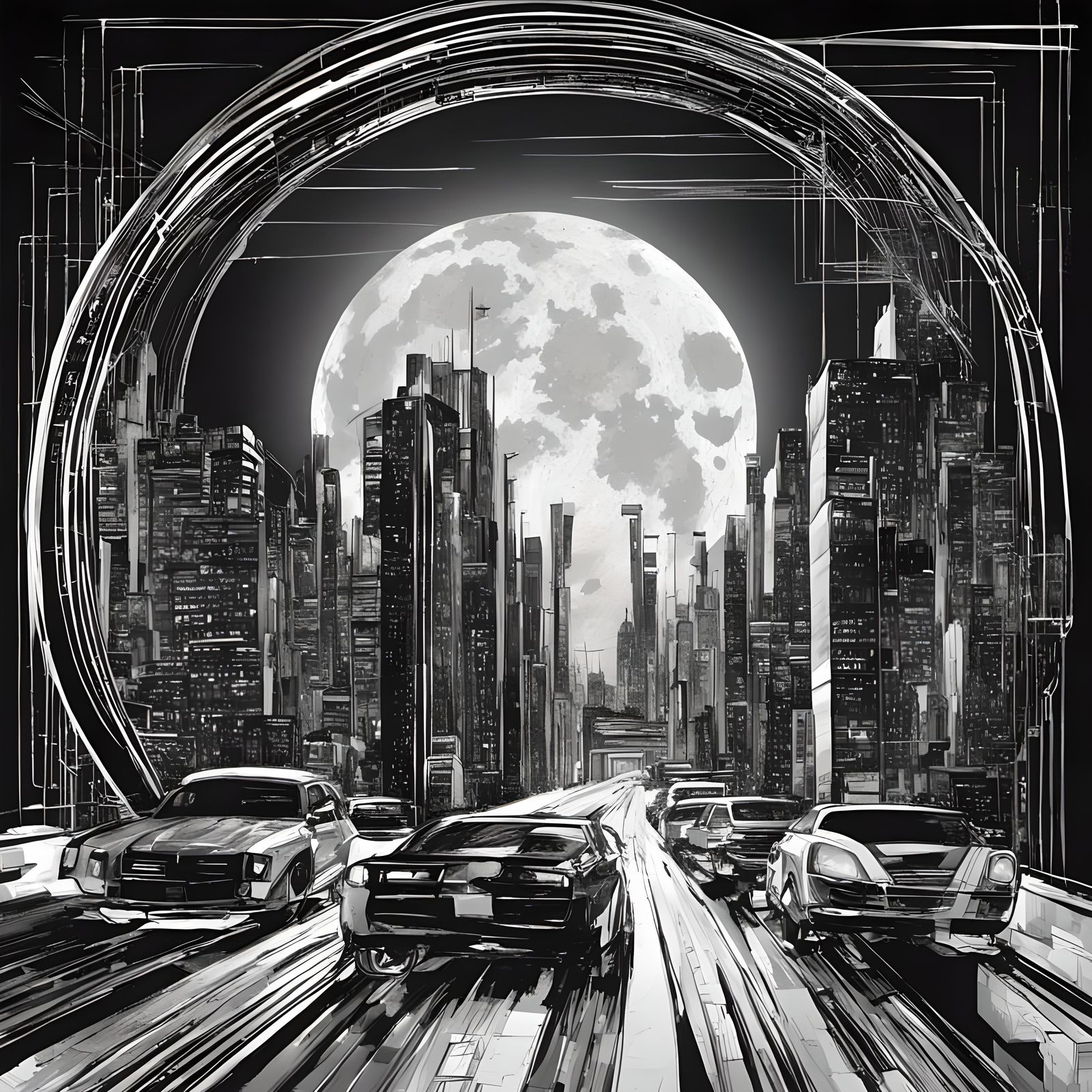 Futuristic Cityscape at Night in Monochromatic Ink