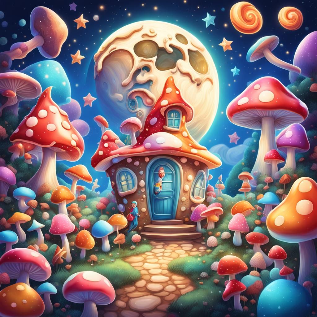 Whimsical Candy Art Logo with Moon, Stars, and Fairies