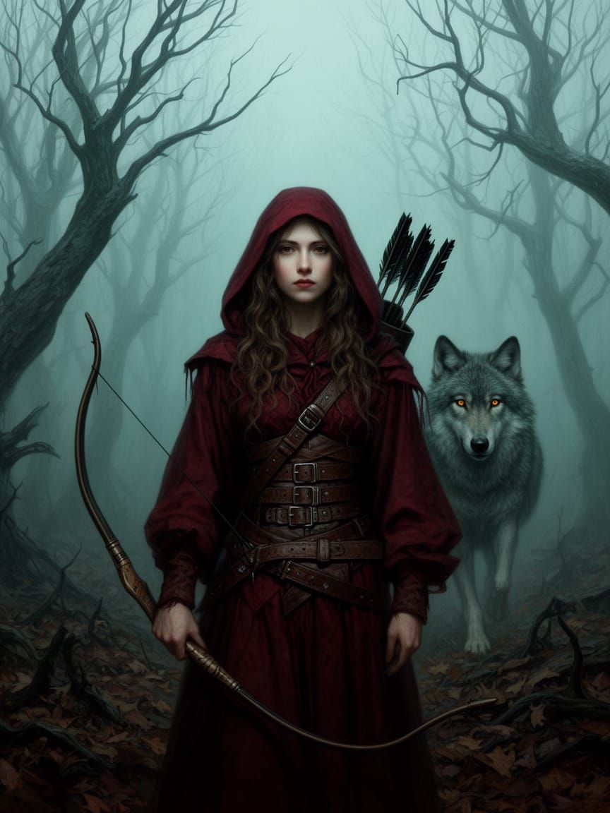 Gothic Fairytale: Woman in Crimson Hood with Bow in Misty Fo...