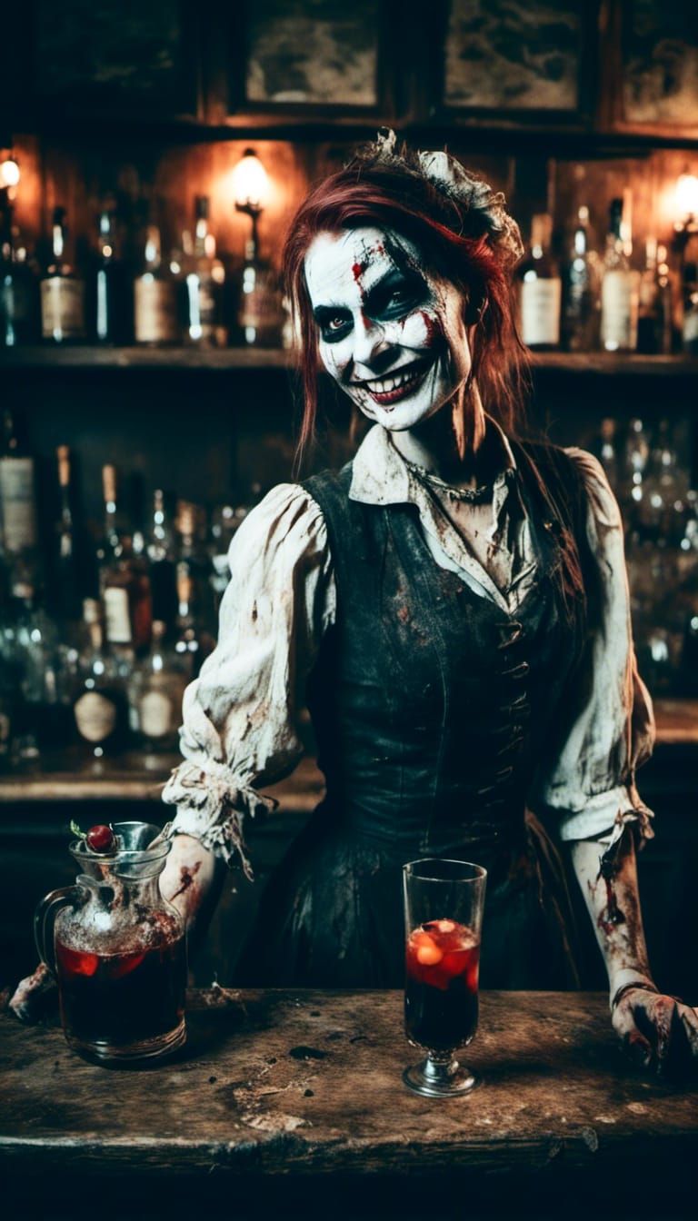 Macabre Barmaid Serving Drinks with an Evil Smile