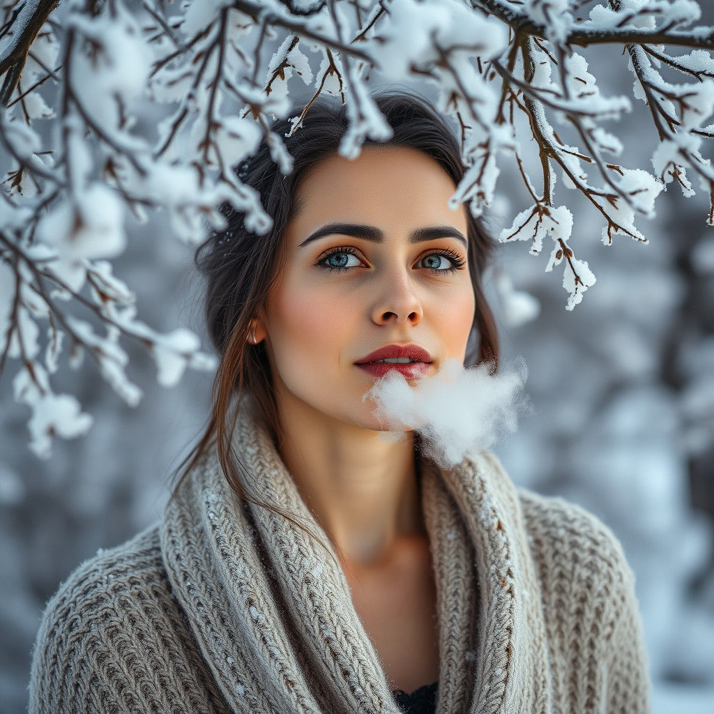 Serene Winter Portrait Beneath Frost-Kissed Branches