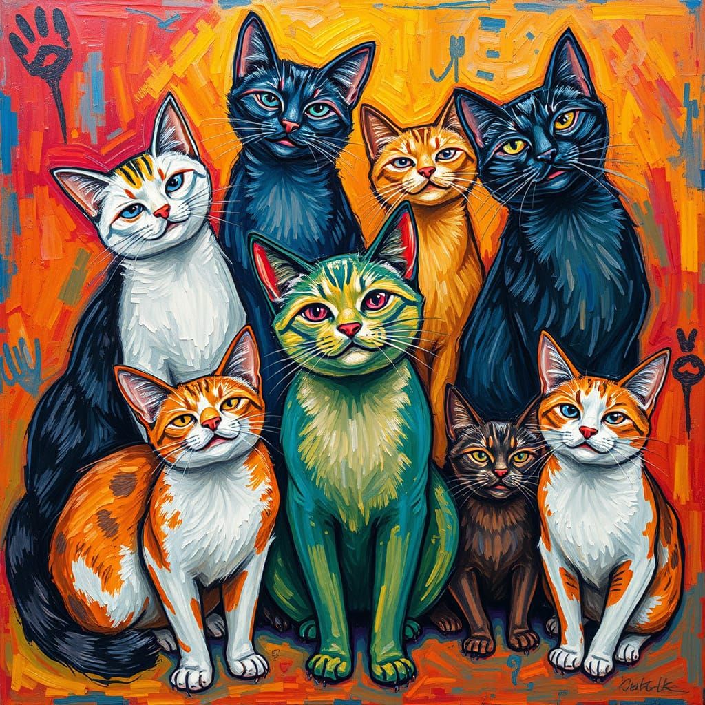 Vibrant Feline Portraits in Neo-Impressionist Style