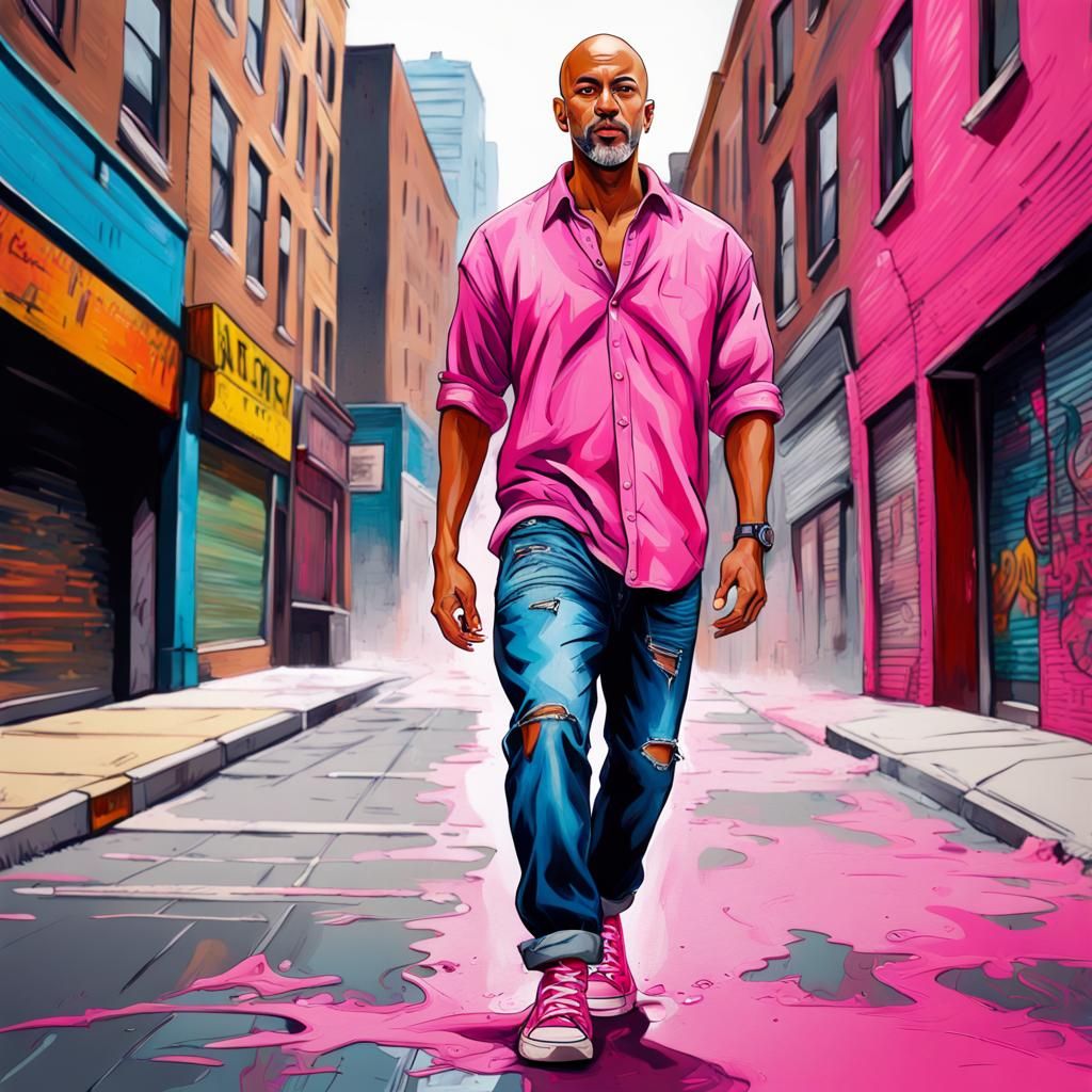 Handsome Man Walking Downtown in Vibrant Graffiti Art