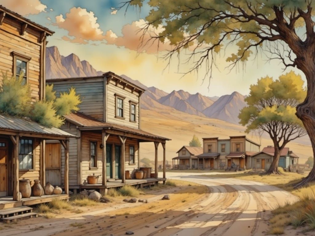 Old West Village in Watercolor Comic Book Style