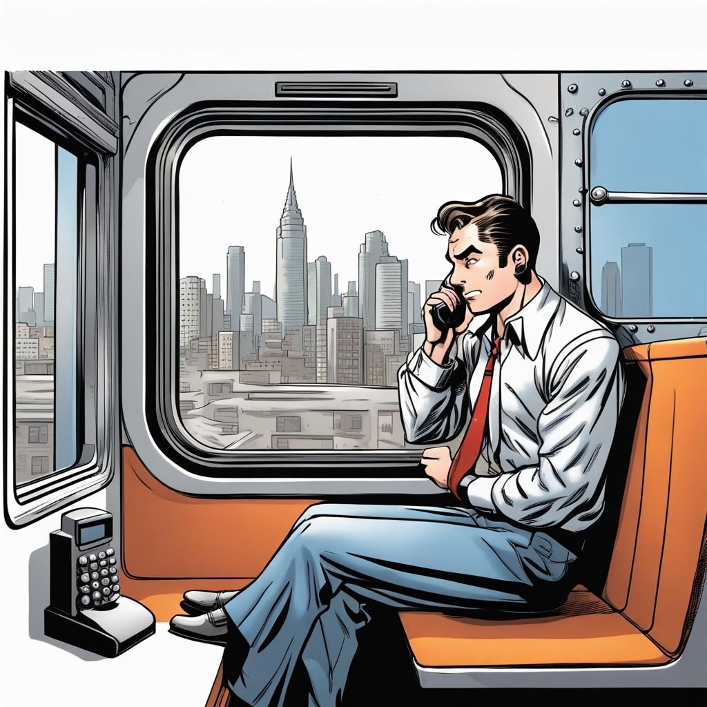 Man on Train Talking on Phone in Comic Art Style