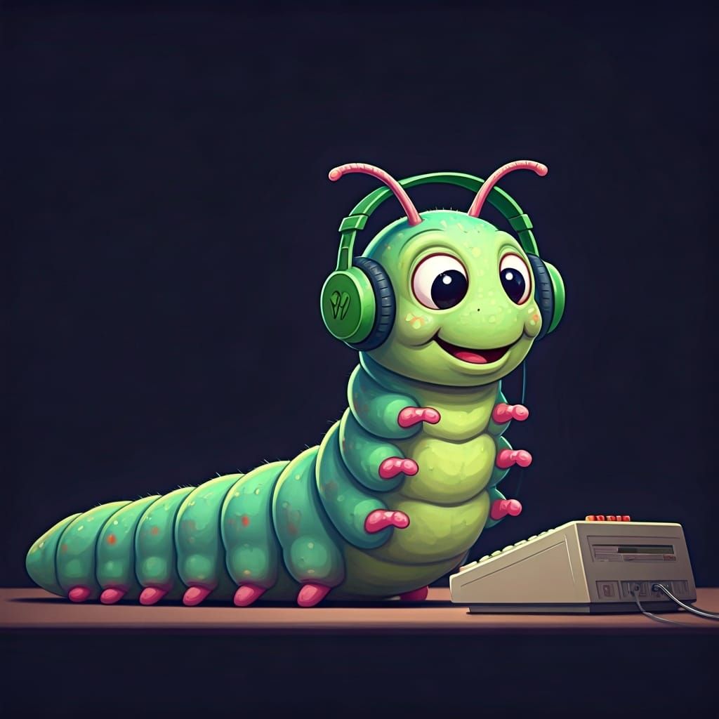 Caterpillar Gamer in Retro-Futuristic Pixel Art