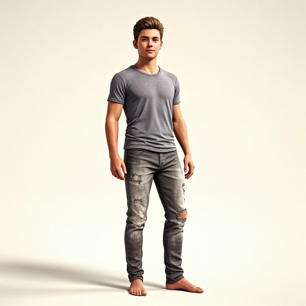 Chiseled Teen in Summer Attire, Distressed Jeans and Fitted...