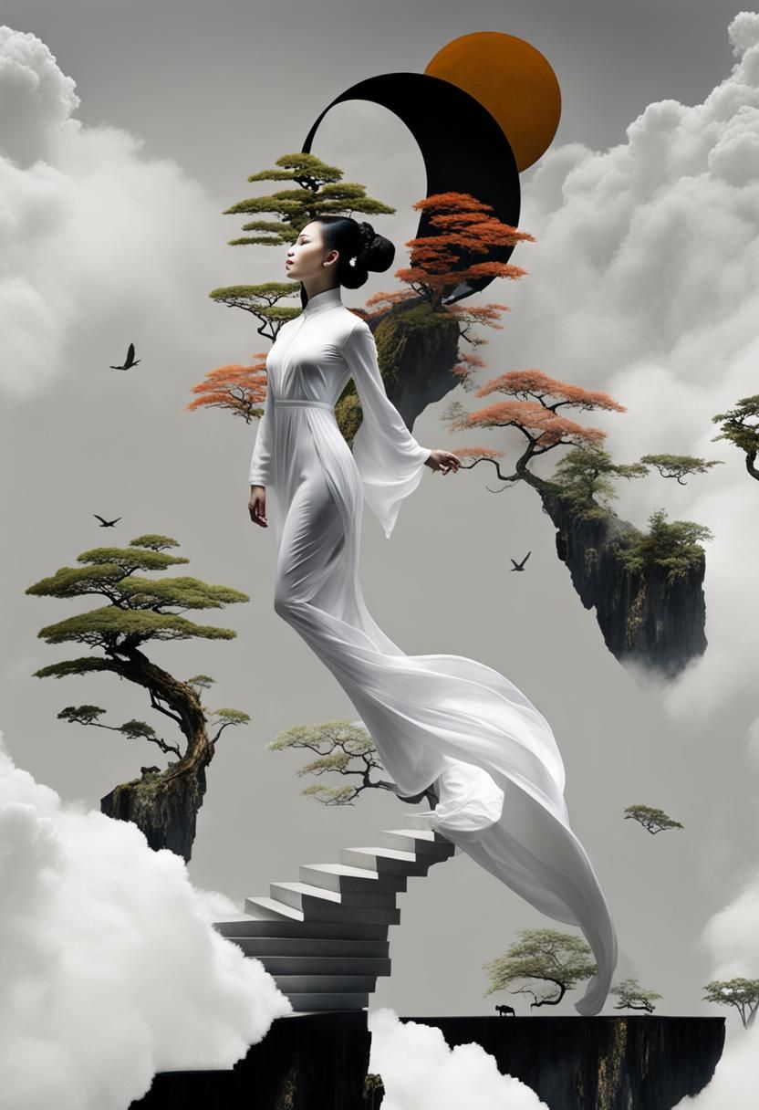 Double Exposure: Asian Model in Nature's Embrace