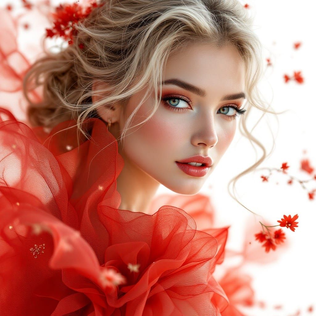 Stunning Woman in Red Gown: Hyperrealistic Digital Art