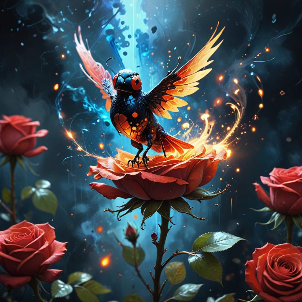 Ladybird Amidst Whimsical Rose Blooms in Dreamlike Fantasy