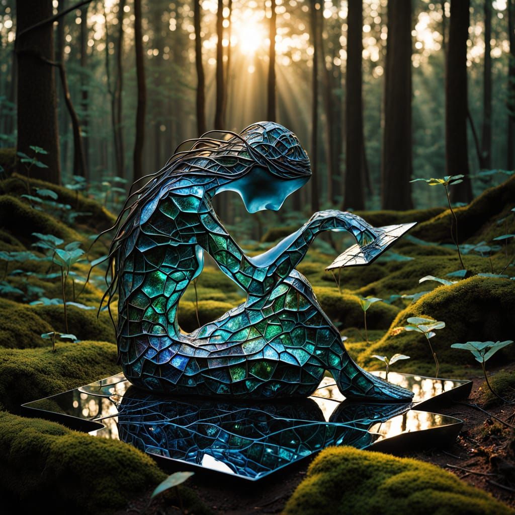 Surreal Sculpture: Woman, Mirrors, and Bioluminescent Nature