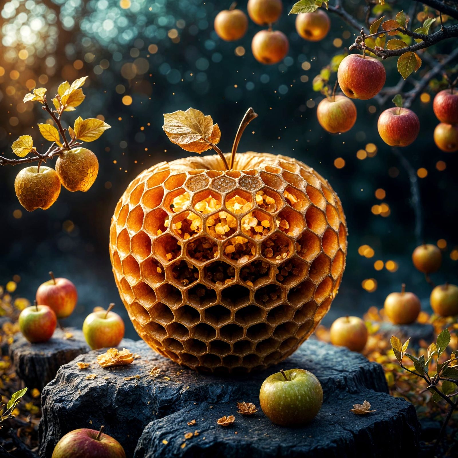 Glittering Honeycomb Apple with Golden Leaves