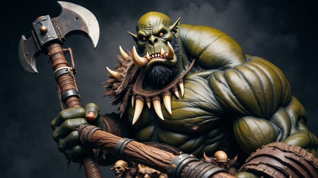 Muscular Orc Warrior Wields Giant Axe on Battlefield