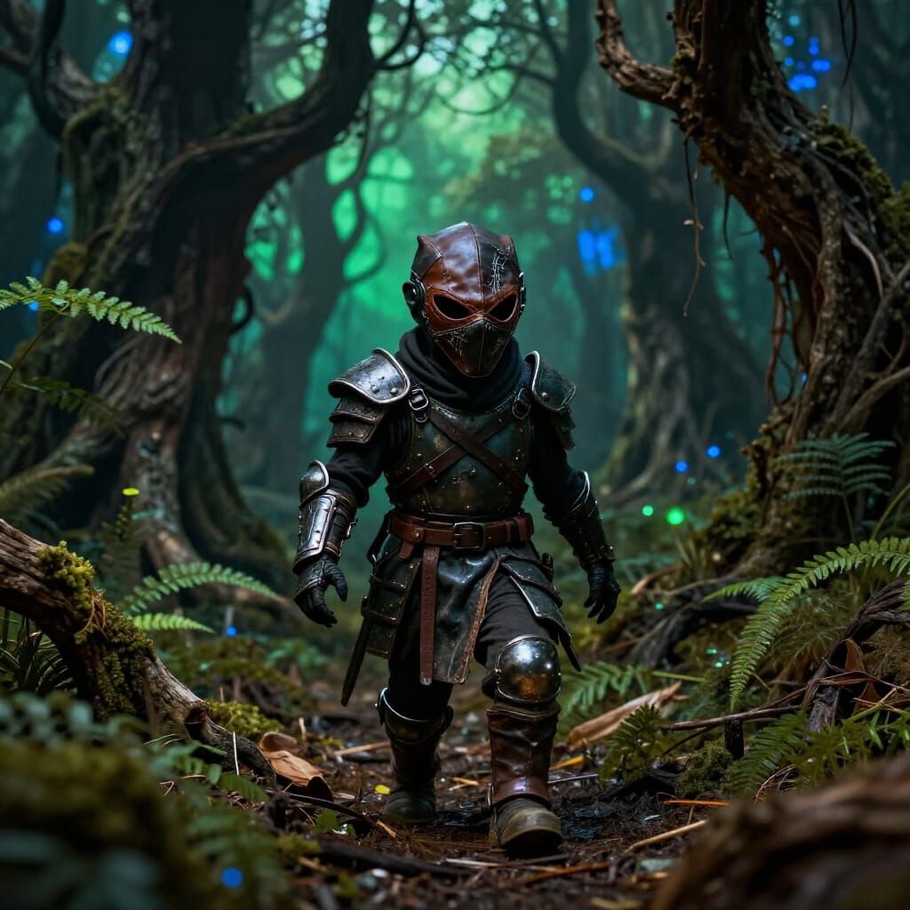 Mutant Ninja Stalks Bioluminescent Forest in Dark Fantasy St...