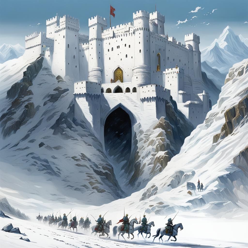 Hyperdetailed White Fortress on Snowy Mountain