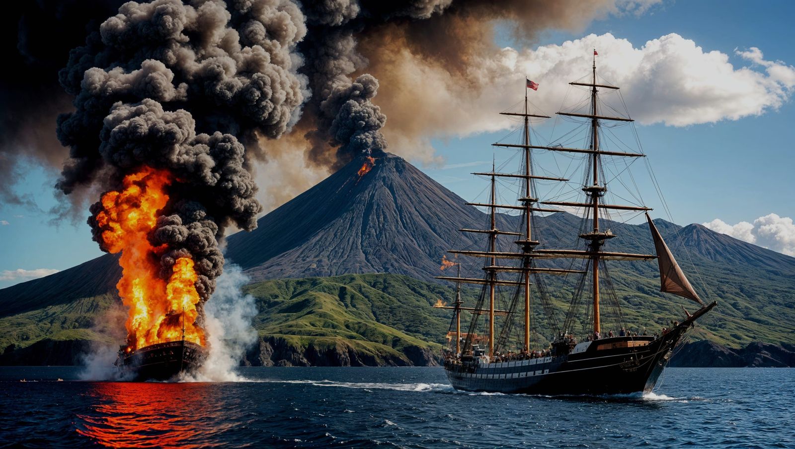 Tall Ship Sails Past Erupting Volcano