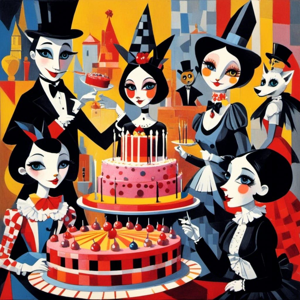 Gothpunk Girls Stealing Cake: Cubist Storybook Illustration