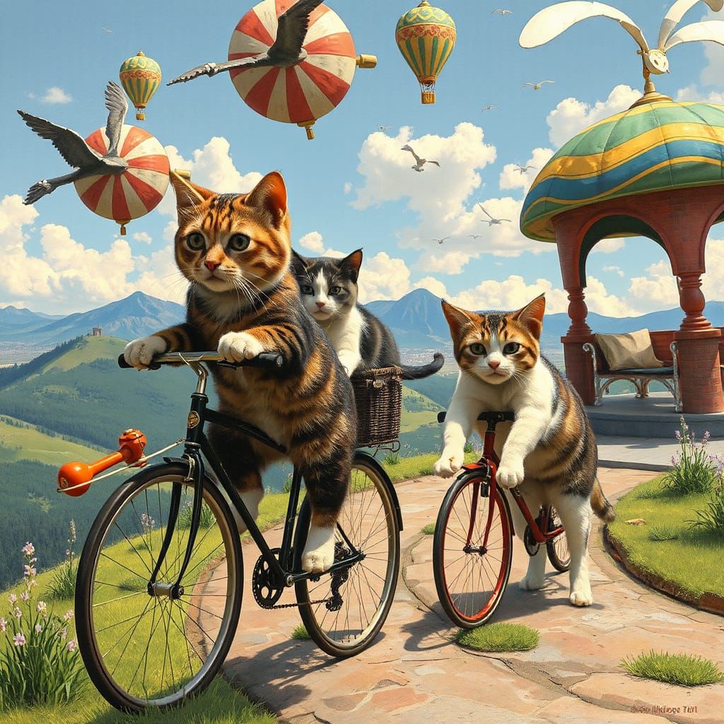 Whimsical Cats Ride Penny-Farthings in a Vibrant Dream Lands...