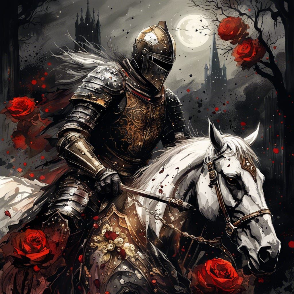 Gothic Knight Rides Through Starry Rose Field